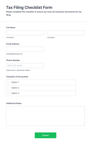 Tax Filing Checklist Form Template