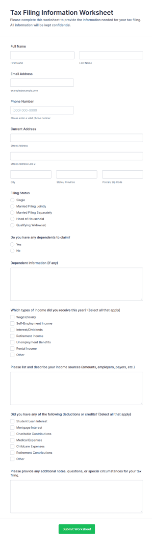 Tax Filing Information Worksheet Form Template