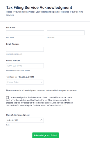 Tax Filing Service Acknowledgment Form Template