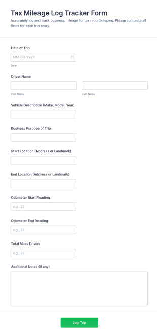 Tax Mileage Log Tracker Form Template