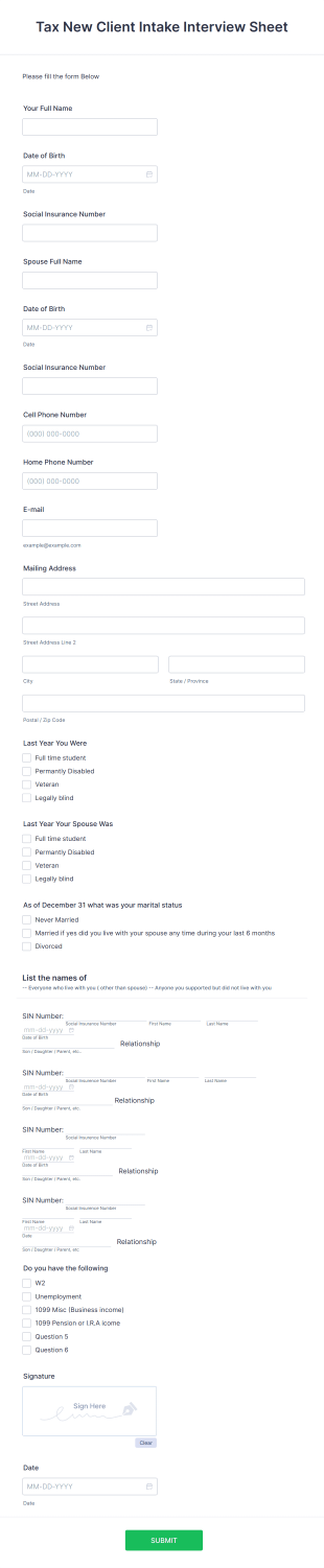Tax New Client Intake Interview Form Template