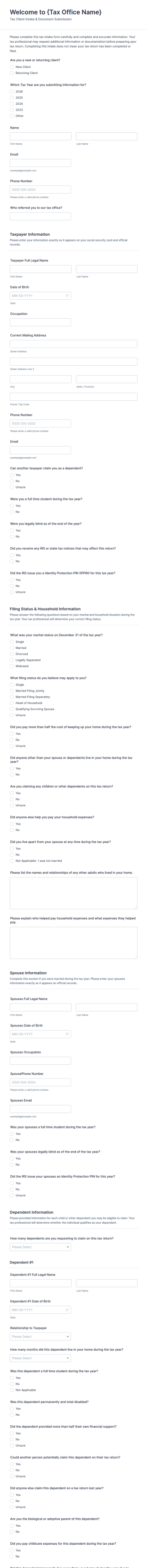 Tax Office Intake Form Template