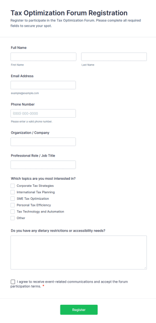 Tax Optimization Forum Registration Form Template