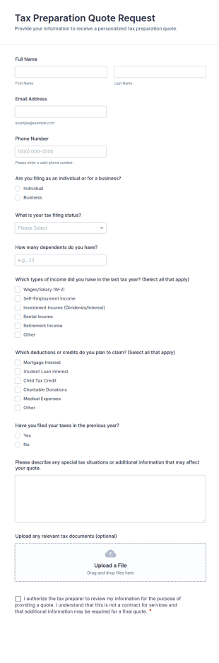 Tax Preparation Quote Request Form Template