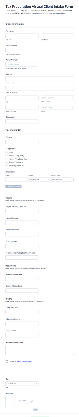 Tax Preparation Virtual Client Intake Form Template