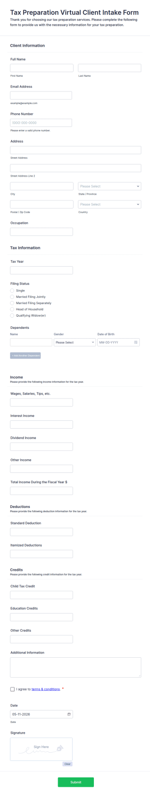 Tax Preparation Virtual Client Intake Form Template