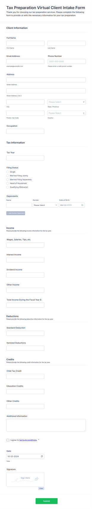 Tax Preparation Virtual Client Intake Form Template