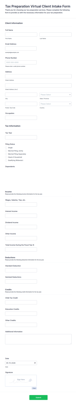 Tax Preparation Virtual Client Intake Form Template