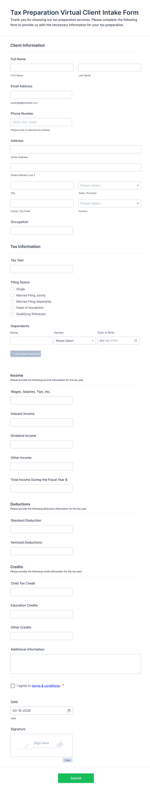 Tax Preparation Virtual Client Intake Form Template