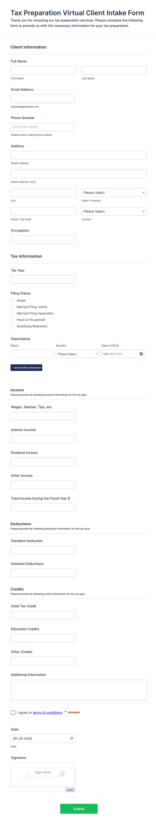 Tax Preparation Virtual Client Intake Form Template