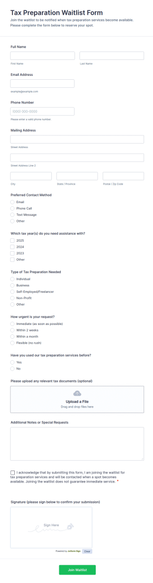 Tax Preparation Waitlist Form Template