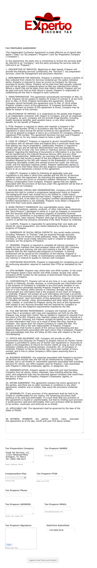 Tax Preparer Agreement Form Experto