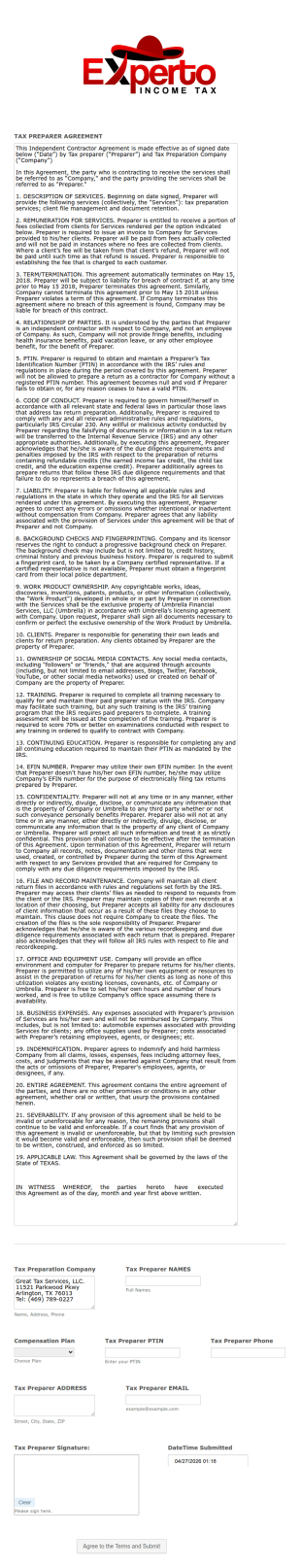 Tax Preparer Agreement Form Expert