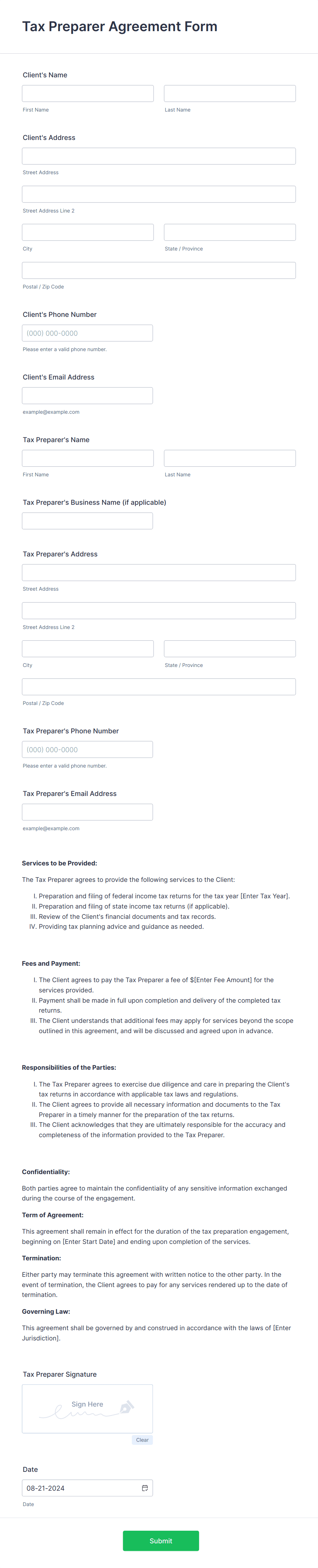 Tax Preparer Agreement Form Template | Jotform