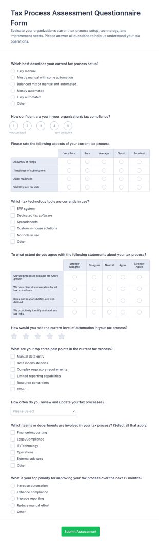 Tax Process Assessment Questionnaire Form Template