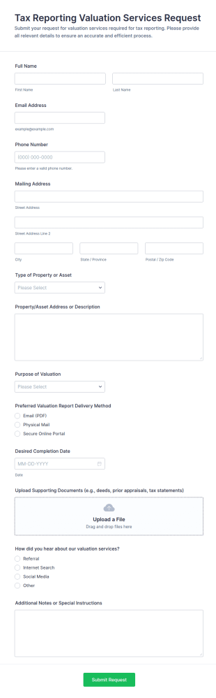 Tax Reporting Valuation Services Request Form Template