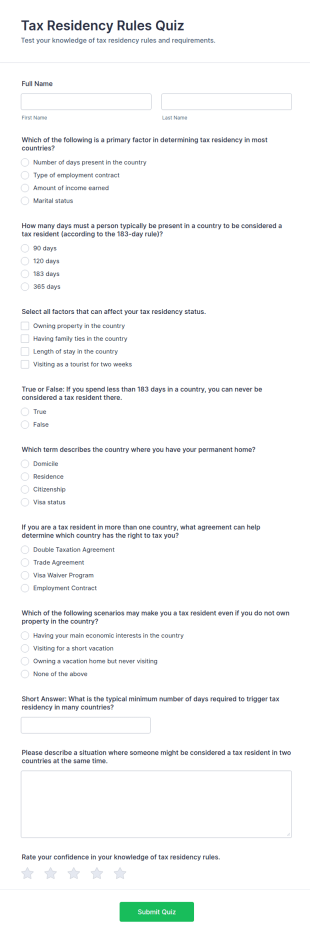 Tax Residency Rules Quiz Form Template