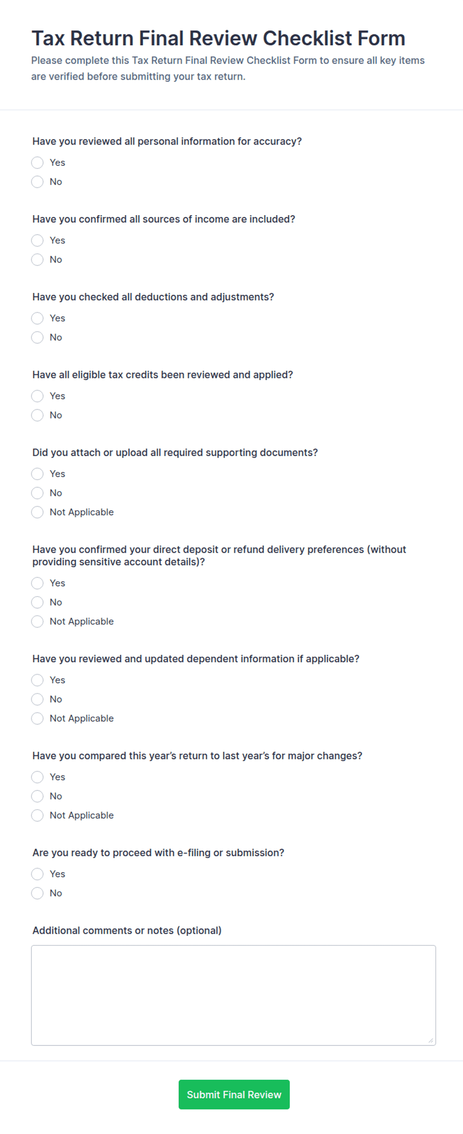 Tax Return Final Review Checklist Form Template | Jotform