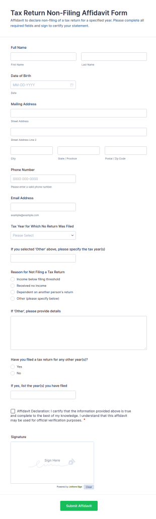 Tax Return Non Filing Affidavit Form Template