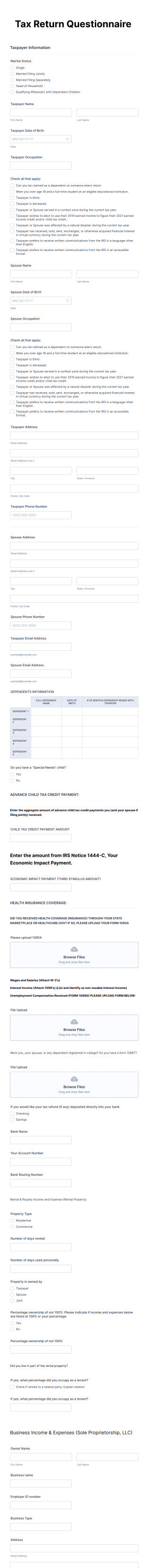 Tax Return Questionnaire Form Template
