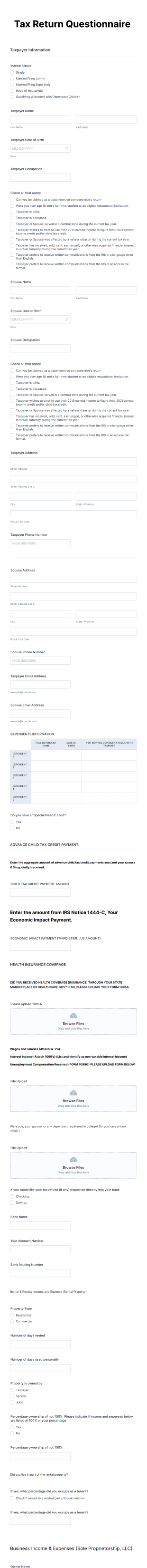 Tax Return Questionnaire Form Template