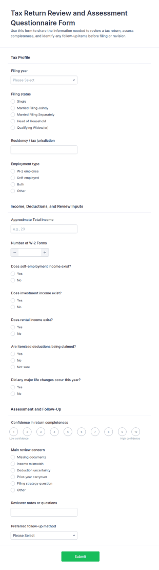 Tax Return Review And Assessment Questionnaire Form Template