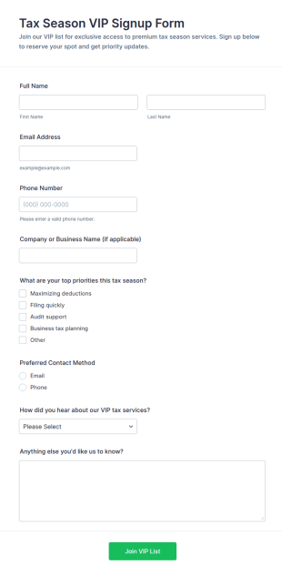 Tax Season VIP Signup Form Template