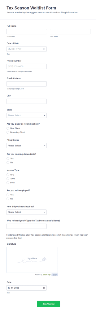Tax Season Waitlist Form Template