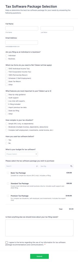 Tax Software Package Selection Form Template