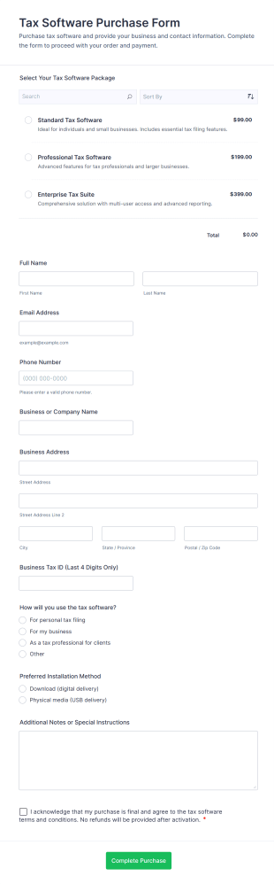 Tax Software Purchase Form Template