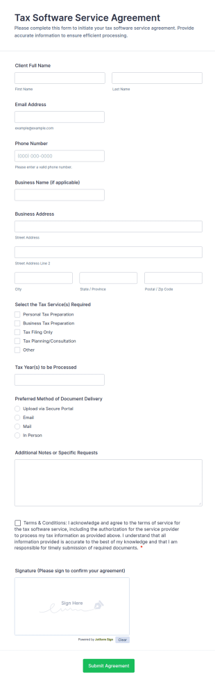 Tax Software Service Agreement Form Template