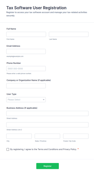 Tax Software User Registration Form Template