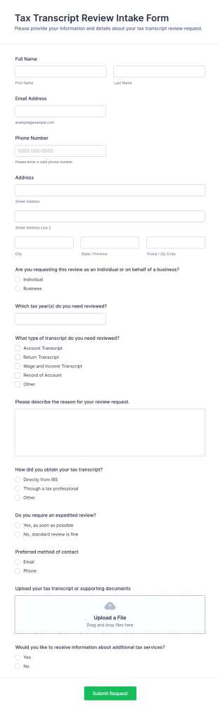 Tax Transcript Review Intake Form Template