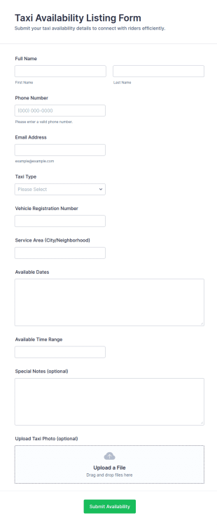 Taxi Availability Listing Form Template