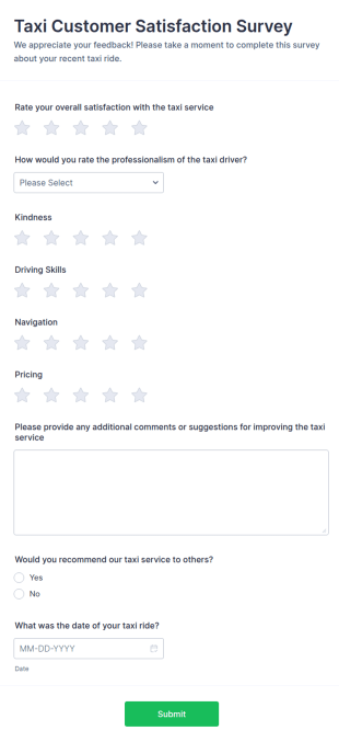 Taxi Customer Satisfaction Survey Form Template