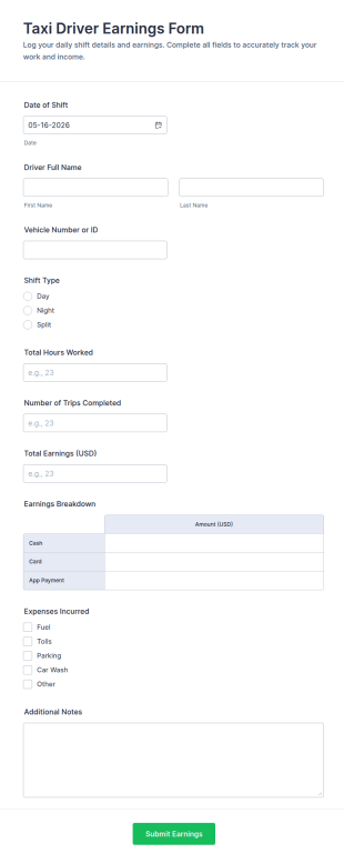 Taxi Driver Earnings Form Template