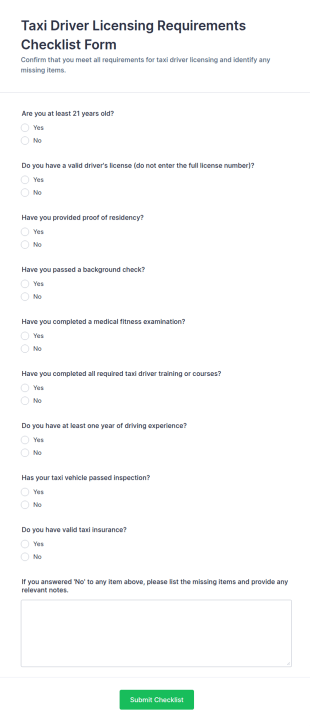 Taxi Driver Licensing Requirements Checklist Form Template