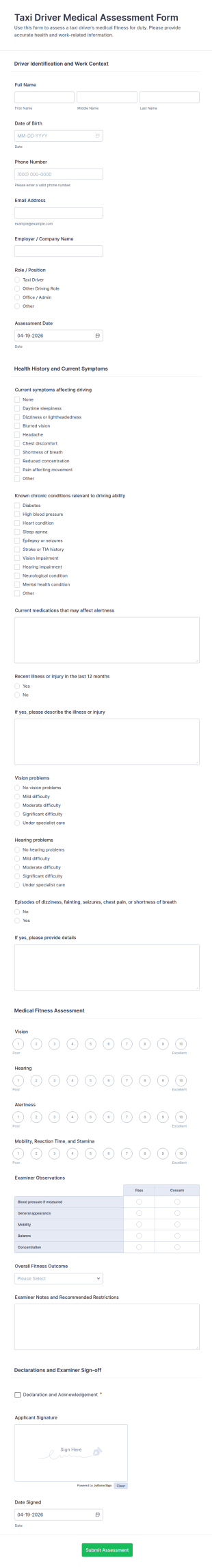 Taxi Driver Medical Assessment Form Template
