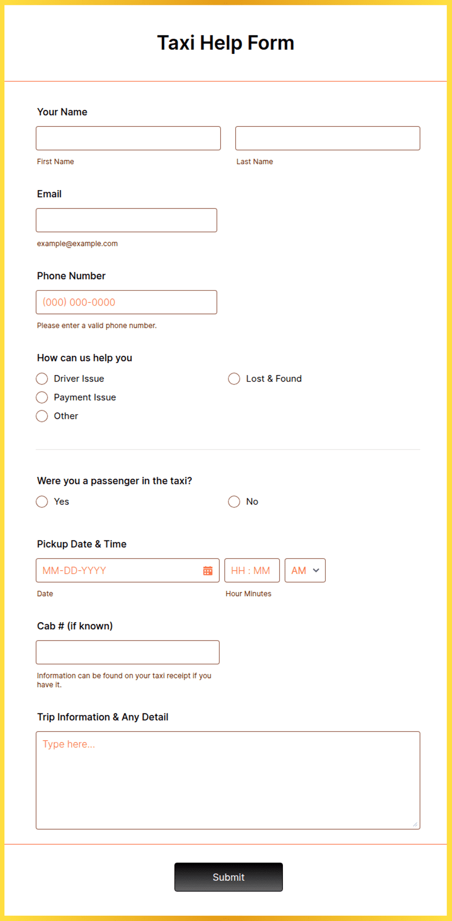 Sample Cab Service Form Taxi Help Form Template | Jotform