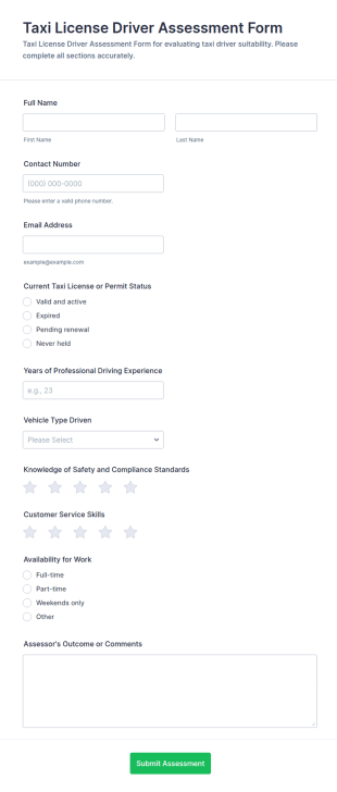Taxi License Driver Assessment Form Template