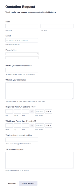 Private Taxi Quote Form Template