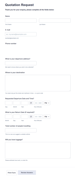 Private Taxi Quote Form Template