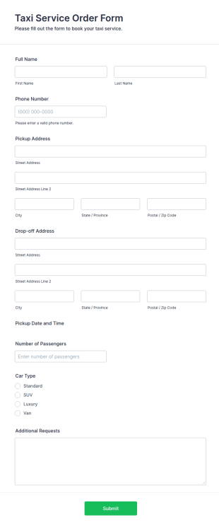 Taxi Service Order Form Template