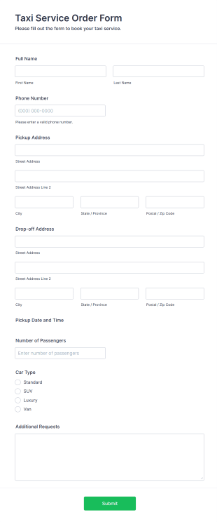Taxi Service Order Form Template