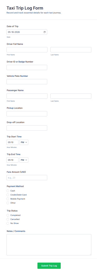 Taxi Trip Log Form Template