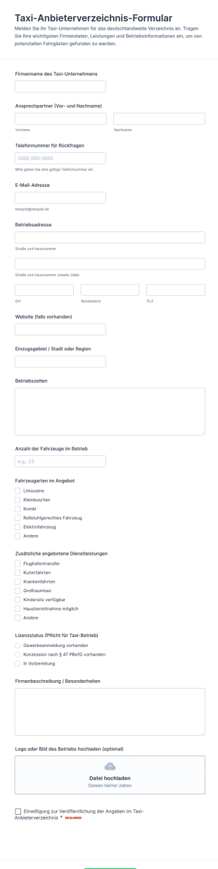 Taxi Unternehmensliste Form