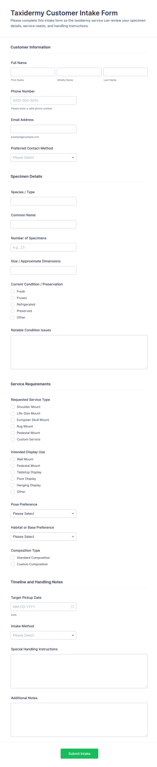 Taxidermy Customer Intake Form Template