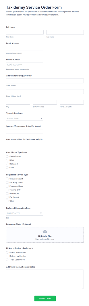 Taxidermy Service Order Form Template