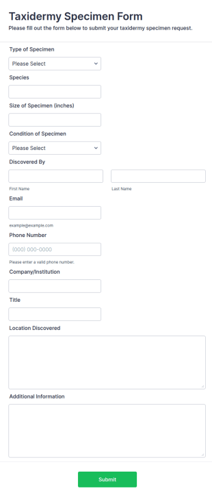 Taxidermy Specimen Form Template