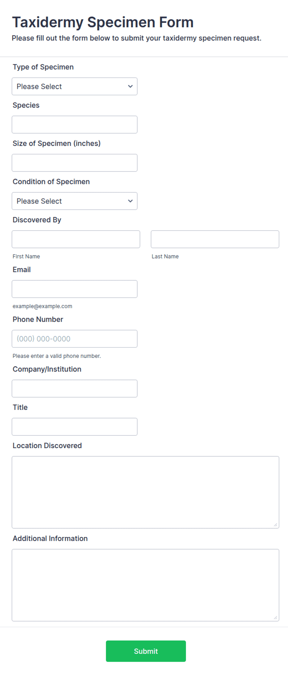 Taxidermy Specimen Form Template | Jotform